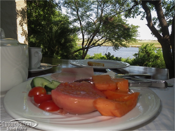 Breakfast at the Chobe Game Lodge with a view of the river